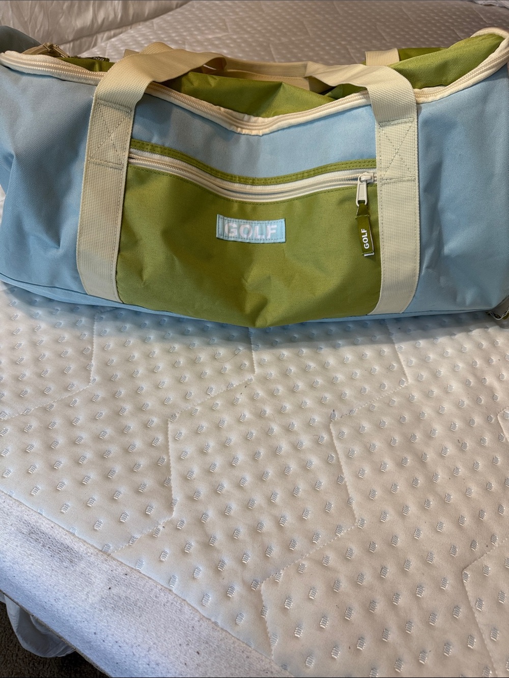 GOLF wang Light Blue and Green Canvas Duffel Bag with straps
